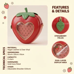 Custom Trendy Kawaii Strawberry Ita Bag Premium Vegan Leather Crossbody Shoulder Purse With Clear Heart Window For Anime Cosplay