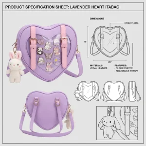 Custom Trendy Lavender Heart Shape Ita Bolsa Bag Pin Display Clear Window Shoulder Bag for Anime Kawaii Cosplay Events