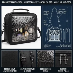Custom Unique Gothic Ita Bag Trendy Faux Leather Crossbody Shoulder Bag with Clear PVC Window for Cosplay Conventions Daily