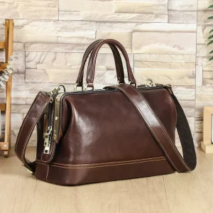 Custom Vintage Doctor Bag Women Large Capacity Handbag With Metal Frame Genuine Full Grain Leather Messenger Bag for Women
