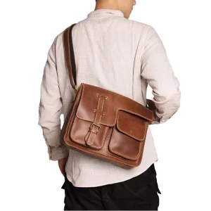 Custom Vintage Unisex Genuine Leather Waterproof Shoulder Messenger Bag Open Closure Large Capacity Office Laptop Outdoor Use