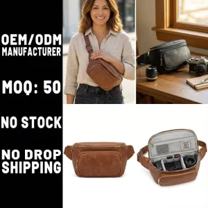 Custom Water Resistant Vegan Leather Camera Sling Bag Adjustable Crossbody Design for DSLR Mirrorless OEM Manufacturer