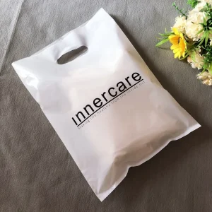Custom White Plastic Shopping Carry Bags with Black Logo Printed T shirt for Socks and Shoes Made From Recycled Materials