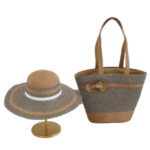 Custom Wide Brim Floppy Straw Hat Bag Set Natural Summer Beach Party Sun Hat Striped Ribbon Zipper Closure Travel