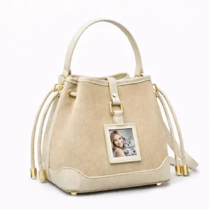 Custom Women Genuine Leather Zipper Waterproof Bucket Bag Beige OEM Handmade