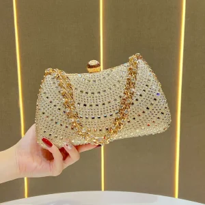 Custom Women’s Evening Clutch Bag High Quality Sparkling Rhinestone Handbag Chain Red Fashion Polyester up to 1L Capacity