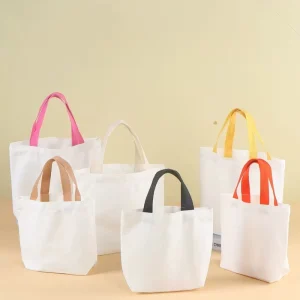 Custom Your Own Logo Reusable Plain Cotton Small Canvas Shopping Bags with Colored Handle Tote Bag for Kids DIY Supermarket Use
