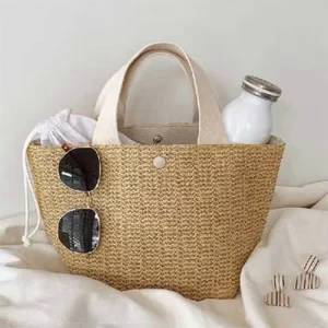 Custom Zipper Closure Beading Chains Travel Woven Straw Rattan Beach Tote Bag for Women
