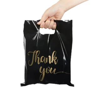 Custom logo Printed Fold Plastic Black Thank You Die Cut Handle Carry Shopping Packaging Bags for Boutique Retail Shopping