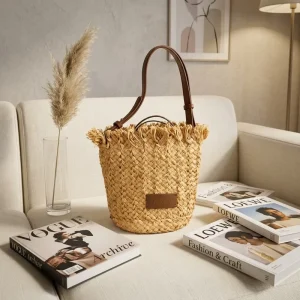 Customizable Belgian Raffia Straw National Style Women’s Bucket Shoulder Bag Handmade Single Strap Cotton Summer Fashion Purse