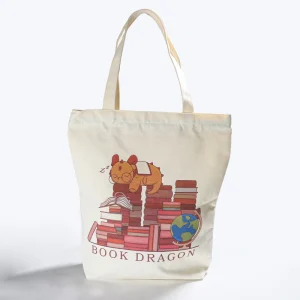 Customizable Canvas Bag With Zipper Strap And Cartoon Pattern For Women