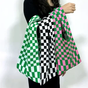 Customizable Chunky Knit Tote Bag for Women Elegant Lattice Design Two Handles Open Top Durable Polyester OEM
