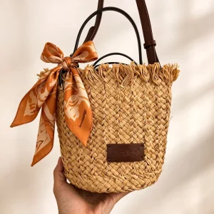 Customizable Raffia Straw Bucket Bag Vintage Bohemian Women Shoulder Bag Lace-Up Closure Single Strap Factory