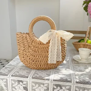 Customizable Straw Handbag Women Handmade Woven Tote Adjustable Strap Summer Beach Boho Fashion Accessory