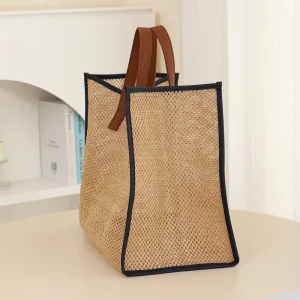 Customizable Straw Tote Bag Large Capacity Summer Beach Bag with PU Handles