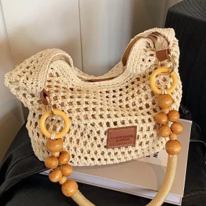 Customize Logo Beach Bag for Women Handwoven Tote Crochet Crossbody Bag Handmade Shoulder Bag Cotton Woven Handbag for Outdoor