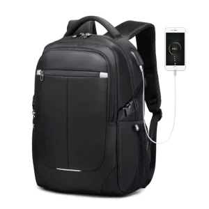 Customized Black USB Plug Backpack Durable Waterproof Polyester Pack Zipper for Business Men OEM Laptop Backpack