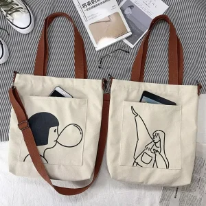 Customized Cotton Canvas Messenger Shopping Bags Featuring Cute Cartoon Pattern and Personalized Logo