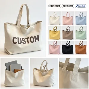 Customized Eco Friendly Cotton Canvas Beach Bag Personalized Reusable Handled Shopping Bag with Zipper Closure