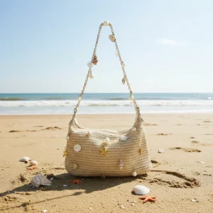 Customized High Quality Straw Summer Fashion Mini Size Niche Crochet Underarm Lady Bag Metal Shoulder Chain With Pearl and Shell
