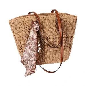 Customized Large Capacity Vintage Ladies Straw Bag Eco Friendly Zipper Reusable Polyester Lining Solid Color for Beach Winter
