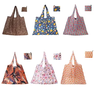 Customized Medium Size Eco-Friendly Recyclable Polyester Shopping Bag with Shoulder Strap Folding Supermarket Grocery Pouch