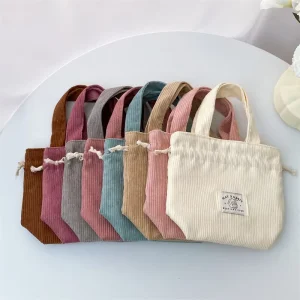 Customized Minimalist Organic Cotton Lunch Tote Bag with Colorful Drawstring Handle Recyclable Material for Bread Food Storage