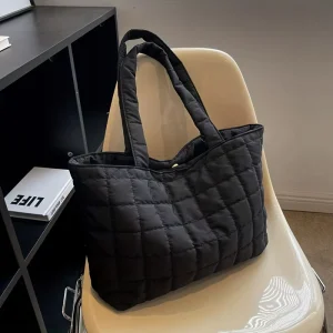 Customized Oversized Solid Puffy Nylon Quilted Tote Cotton Bag Autumn Stylish Spacious Lattice Embroidery Tote Bag