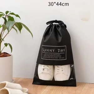 Customized Portable Travel Storage Non Woven Shoe Bag Pvc Window Transparent Drawstring Dust Bag For Shoes
