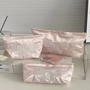 Customized Satin Lace Bow Zipper Cosmetic Bag Polyester Material Washable Feature