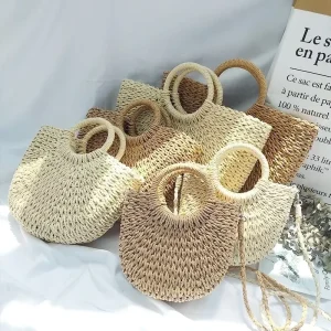 Customized Size Wedding Boho Fashion Straw Beach Woven Bag Rattan Women’s Tote Crossbody Handbags