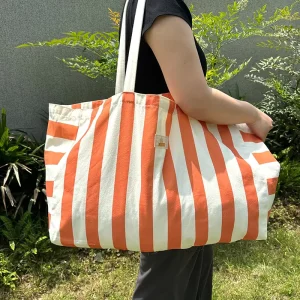 Customized Striped Pattern Cotton Bag Large Capacity Canvas Shopping Tote Bag with Double Handles