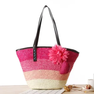 Customized Summer Beach Handmade Paper Straw Tote Bag Women Fashion Design Beige High Quality 41x28x12cm