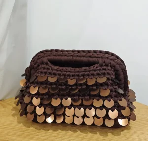 Customized Women’s Handbag Cloth Strip Handmade Crocheted Bag Large Capacity Makeup Bag Fashionable Sequins Crocheted Clutch Bag
