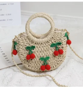 Cute Bow Ladies Straw Bags Strawberry Small Basket Straw Bags High End Beach Straw Bag