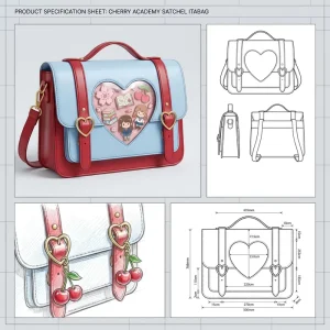 Cute Cherry Academy Satchel Ita Bolsa Bag Two Tone Heart Window Display Bag for Cosplay Daily Campus Commutes