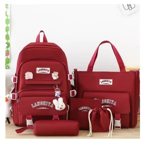 Cute Fashion Nylon Backpack 5 piece Set 14 Inches Waterproof School Bag with Polyester Lining Shoulder Bag Pencil Case Tote Bag