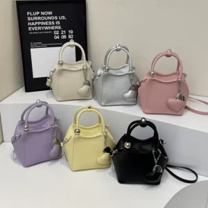 Cute Mini Top Handle Bag for Women Pu Leather Crossbody Purse with Heart Charm Fashion Small Shoulder Handbag for Daily Use