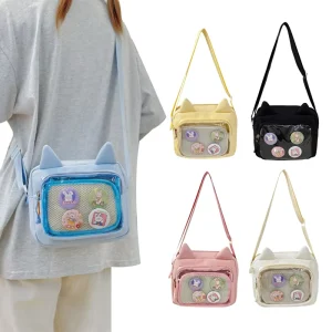 Cute Nylon Messenger Bag Cat Ear Clear Window Pin Display Ita Crossbody Bags Side Purse for Girls