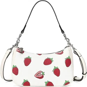 Cute Small PU Leather Hobo Shoulder Bag Women Y2K Style Strawberry Fruit Pattern Zipper Two Removable Straps Polyester