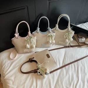 Cute Straw Handbag With Chain for Women Weaving Textured Tote Bag Zipper Crossbody Shoulder Bag Woven Phone Bag Daily & Travel