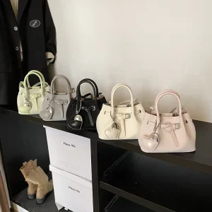 Cute Women’s Bucket Handbag With Heart Pendant New PU Leather Trendy Luxury Shoulder Bags Sac