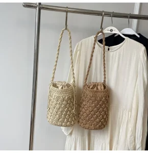 Daily Use Woven Women’s Bag Bucket Shape Paper Straw Bag Summer Lady’s Shoulder Bag