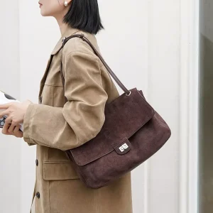 Dark Brown Suede Cow Leather Large Flap Shoulder Bag For Women Cross Body Flap Oversized Hobo Handbag Minimalist Everyday Purse