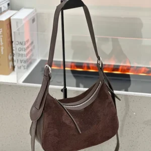 Dark Chocolate Suede Leather Crescent Hobo Shoulder Bag Women Silver Curved Zip Leather Trim Tassel Detail Casual Luxury Purse