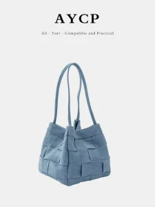 Deformed PU Woven Bucket Bag Lady Two Handles Washing Vegetable Basket Dice Portable Tannin Shoulder Zip