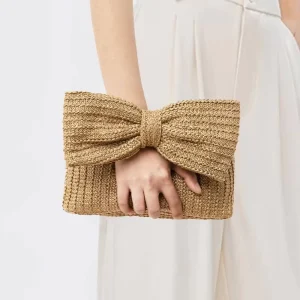 Delicate Summer Bow Braided Ladies Clutch Beach Straw Purse Handbag Zipper Closure Portable Vintage