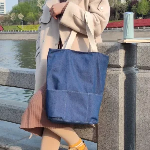 Denim Blue Canvas Tote Bag Cotton Webbing Handles With 3 Pockets on the Front Jean Shopping Bag With Cotton Lining