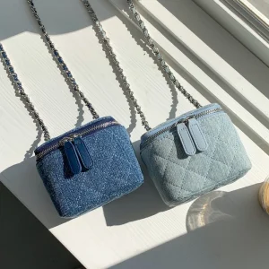 Denim Quilted Mini Vanity Bag for Women Chain Strap Zipper Closure Crossbody Purse