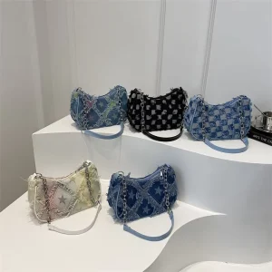Denim Shoulder Bags for Wome Checkerboard Crossbody Fashion Bags Brand Bag Underarm HandBag with Zipper